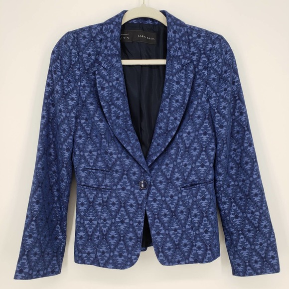 3/$25 Zara Jacquard Blazer Jacket XS Aztec Tribal One Button Cotton Blend Blue - Picture 3 of 13